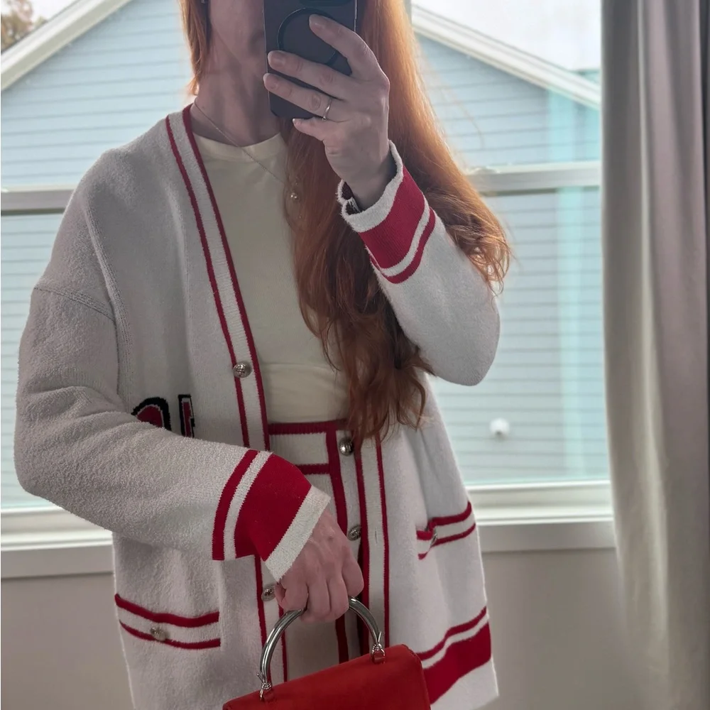 Maje Red and White Knit Cardigan and skirt top size 3, skirt size 36 - Picture 4 of 10